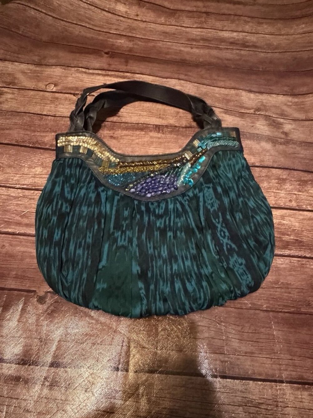Chico’s Silk Chiffon Hobo Bag Purse Teal Black Beaded